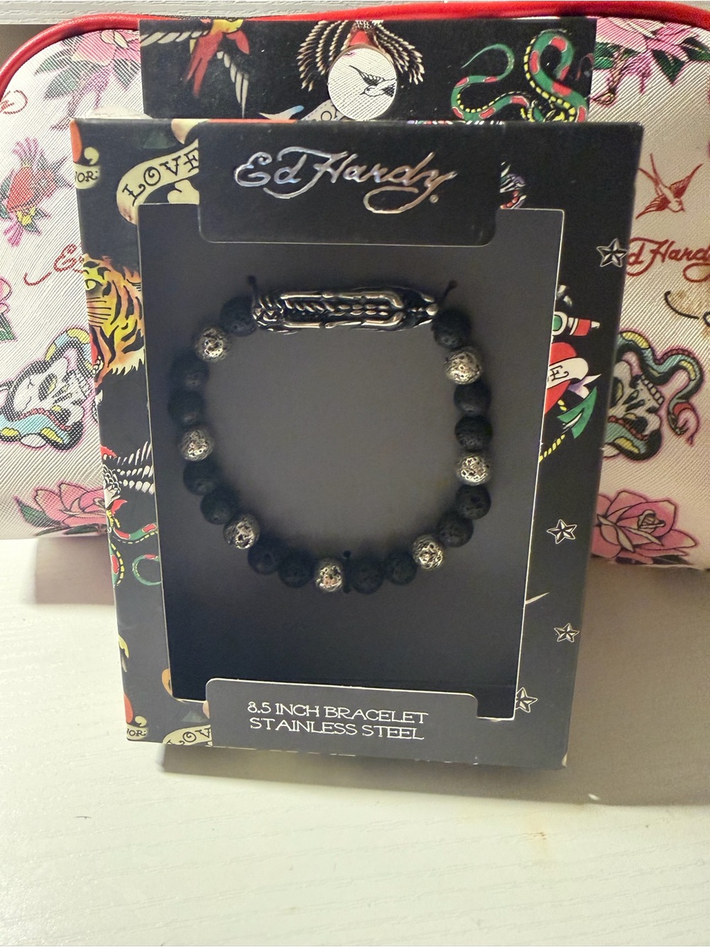 Ed Hardy Black and Silver Bead Bracelet with Decorative Bar